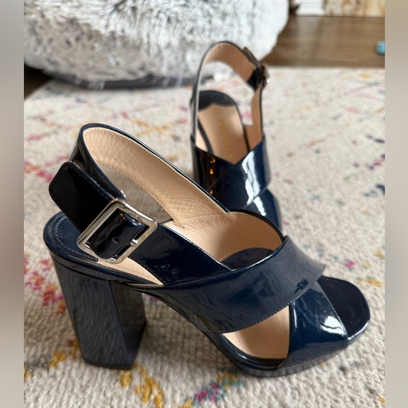 Prada Blue Patent Leather across Cross Navy Block Heel - Picture 3 of 8